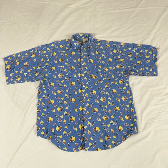 VTG MTO Mens Blue Geometríc Overprint Short Sleeve Button Up Size L - Picture 2 of 11